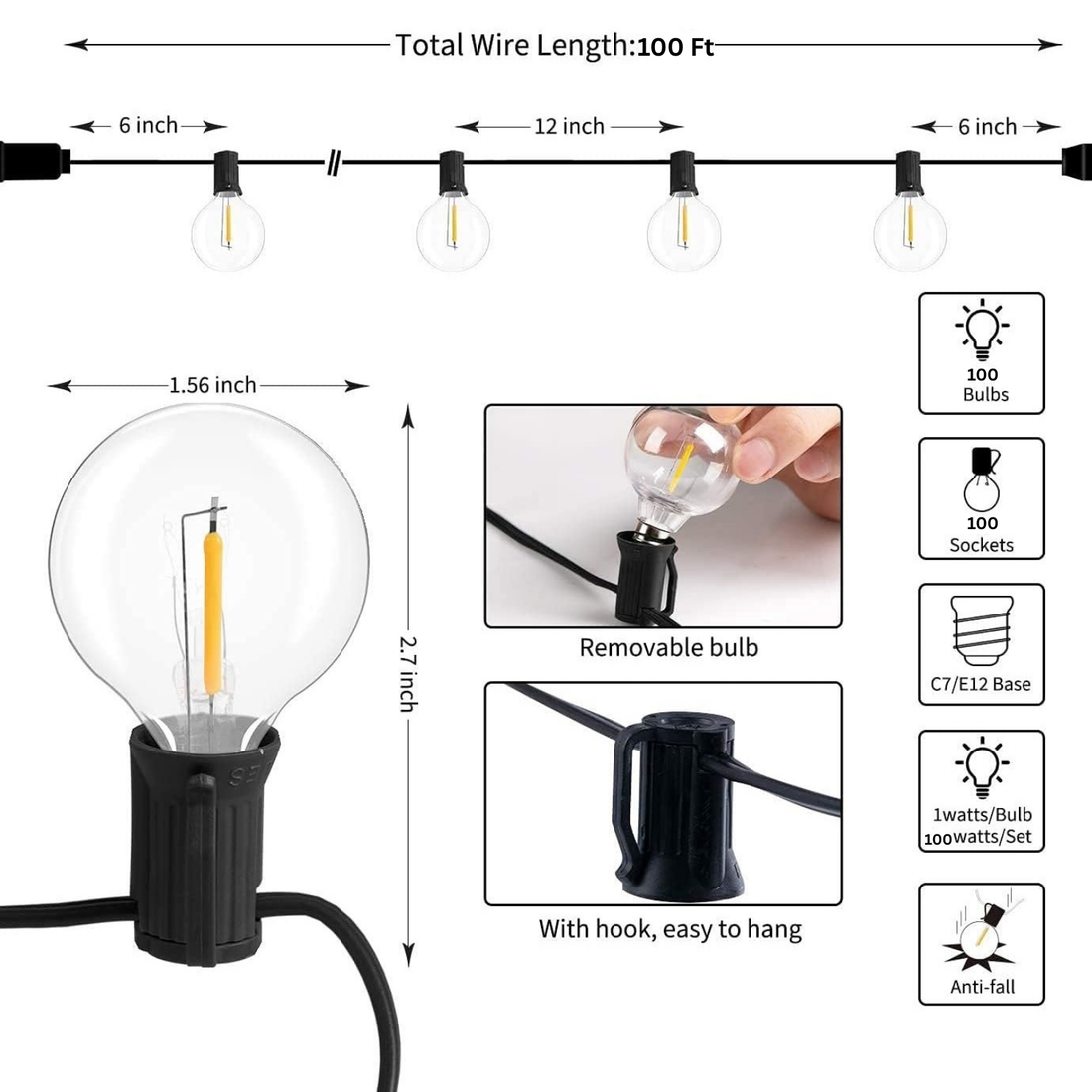100 Bulbs G40 Globe Lights For Decoration - 100 Feet (Warm White )