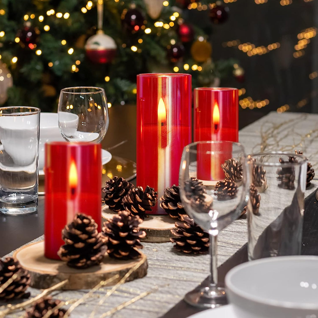 Acrylic Battery Operated Flameless Led Candles With Remote (Set of 3,Red )