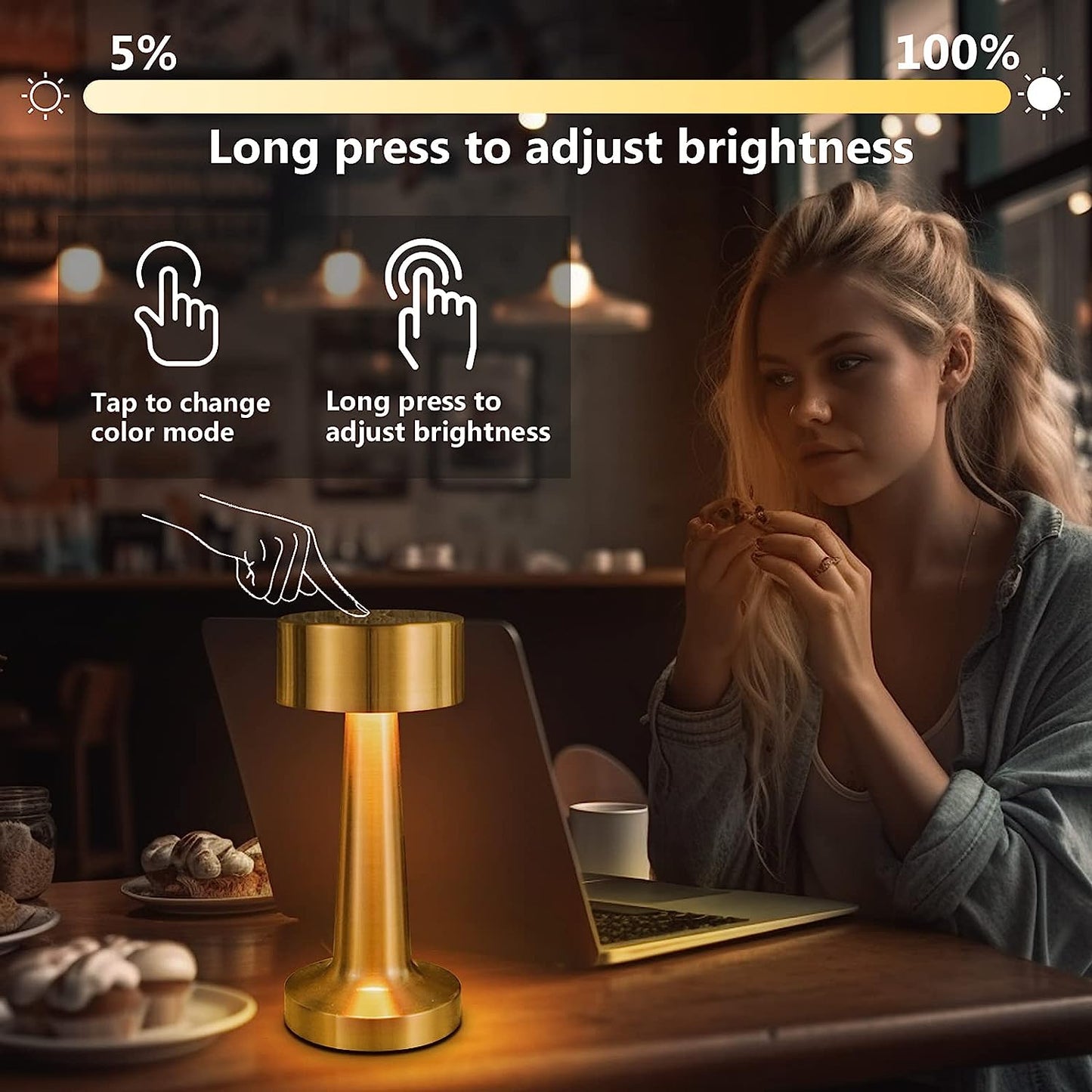 Xergy Cordless Portable LED Table Lamp with Touch ,3 Colors Stepless Dimming , 800MAH Rechargeable Battery Operated , Restaurant,Night Light for Kids Nursery,Nightstand (Gold)