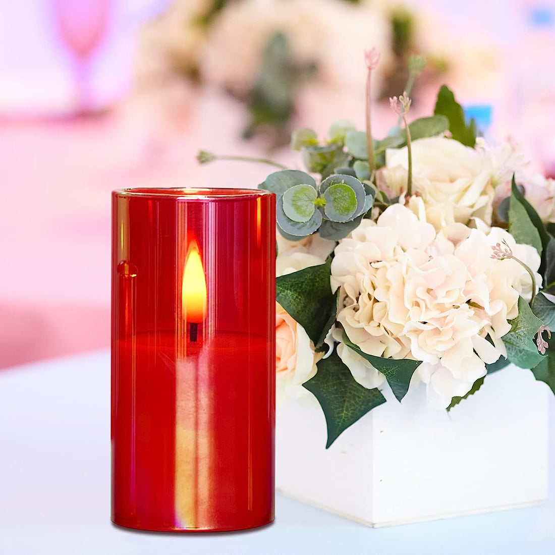 Acrylic Battery Operated Flameless Led Candles With Remote (Set of 3,Red )