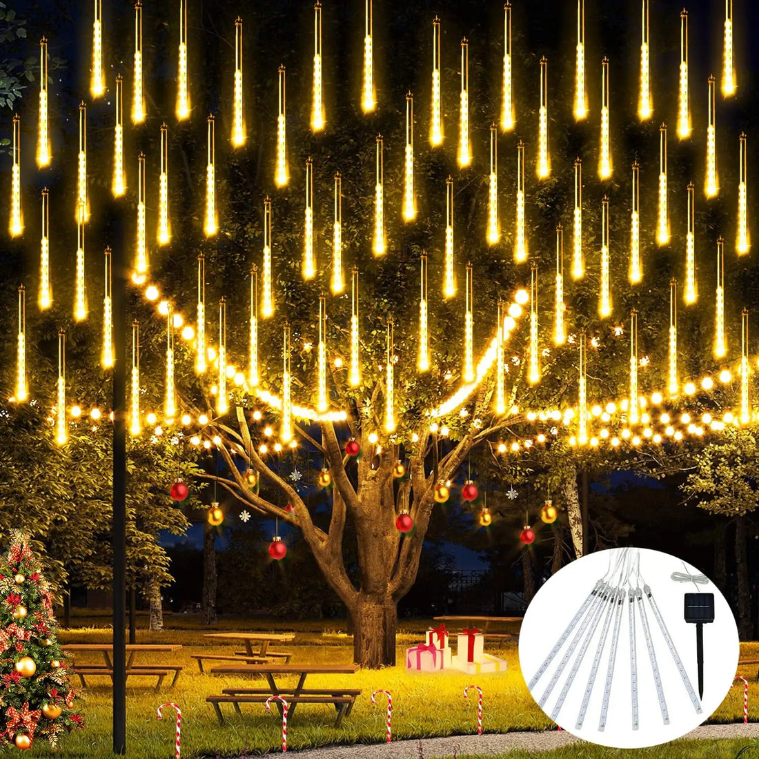 Solar Powered - 192 LED 12 inch 8 Tubes Meteor Lights - Warm White
