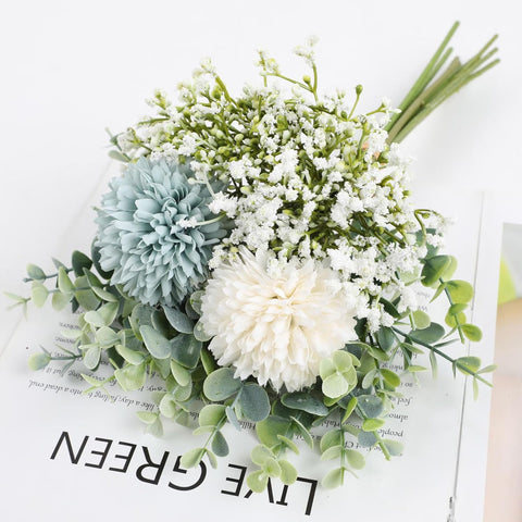 HomeXO Artificial Fake Silk Flower Baby Breath Chrysanthemum Arrangement Faux Wedding Bouquets for Home Office Decoration, Table Centerpiece (Blue&White)