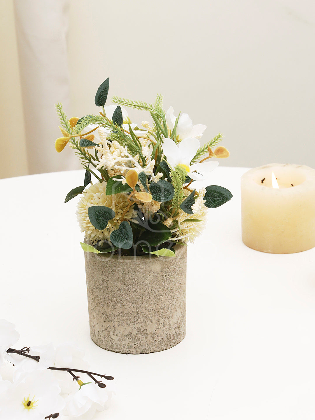 Artificial Flower Bouquet With Stonepot - White