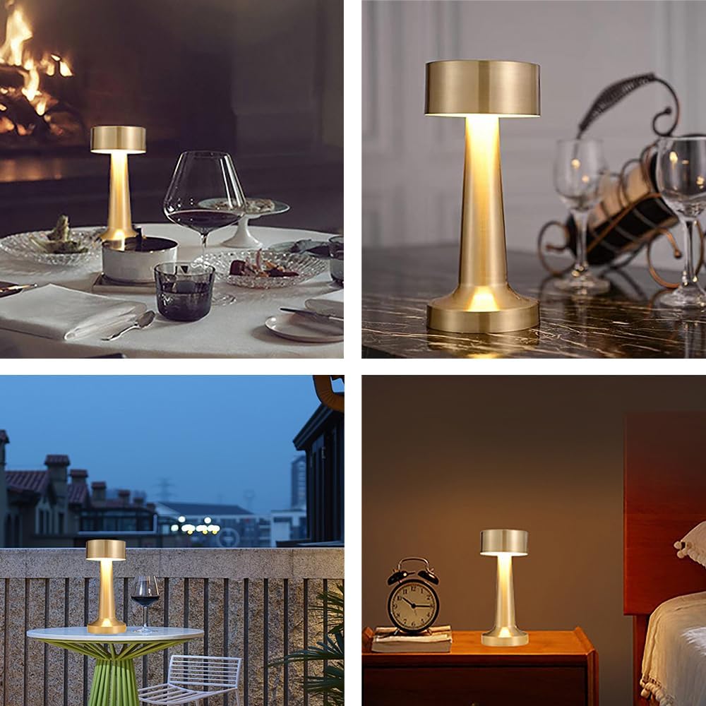 Xergy Cordless Portable LED Table Lamp with Touch ,3 Colors Stepless Dimming , 800MAH Rechargeable Battery Operated , Restaurant,Night Light for Kids Nursery,Nightstand (Gold)