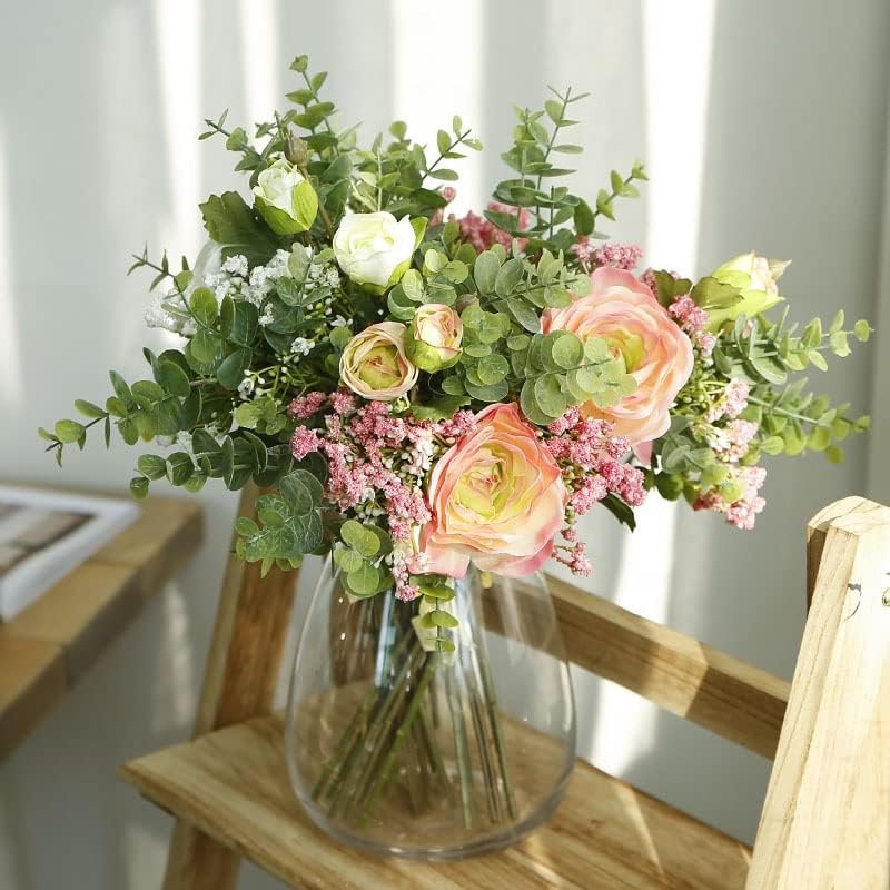 Artificial Fake Silk Flower Arrangement - Pink (14 inch, Pack of 7, Flower Bunch)