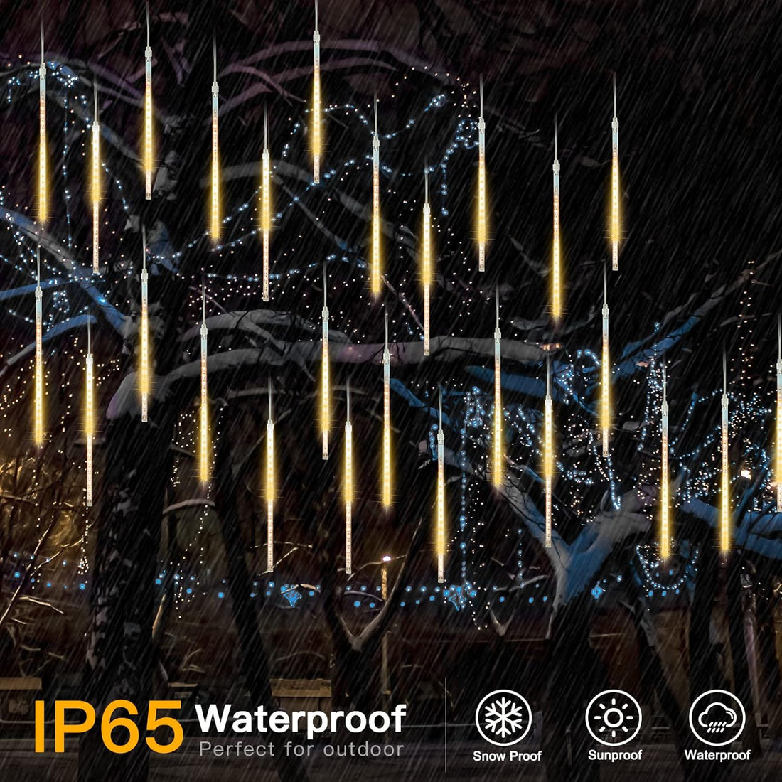 Solar Powered - 192 LED 12 inch 8 Tubes Meteor Lights - Warm White