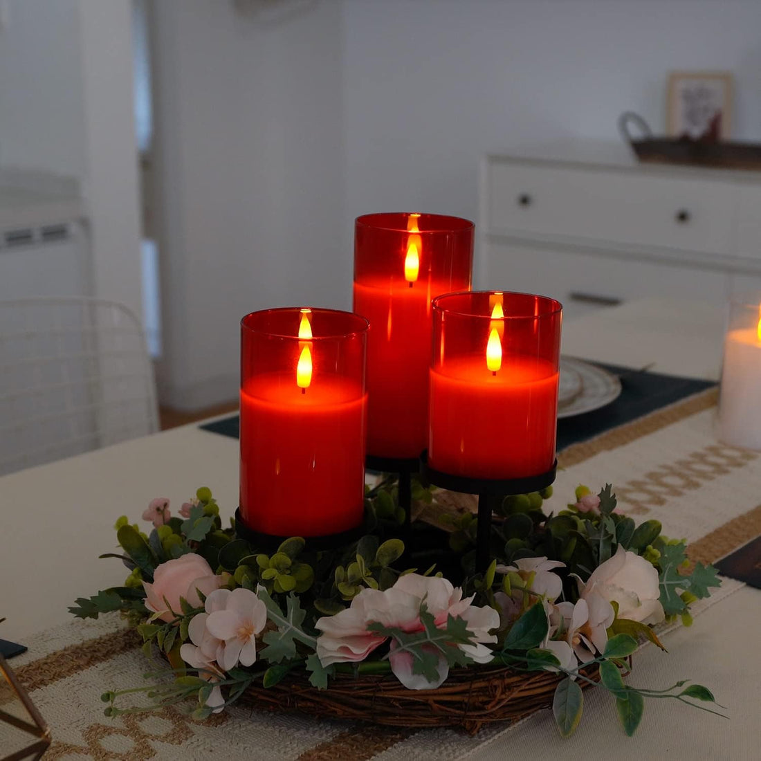 Acrylic Battery Operated Flameless Led Candles With Remote (Set of 3,Red )