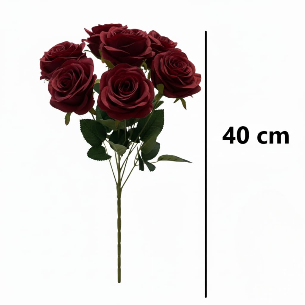 Artificial Rose Bouquet – 7 Soft Silk Roses With Green Leaves