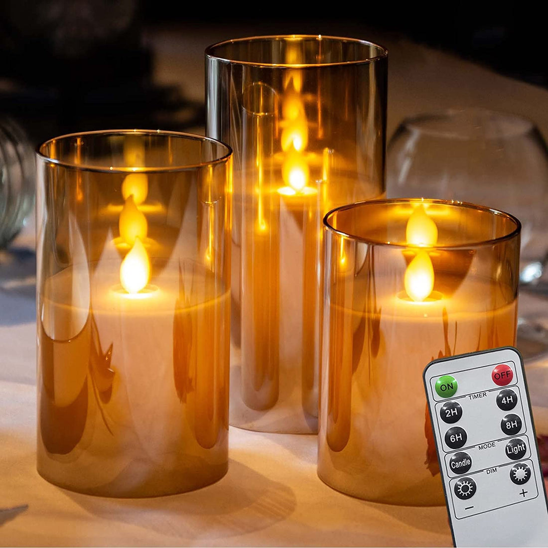 Acrylic Glass Battery Operated Flameless Led Candles With Remote (Pack of  3, Gold)