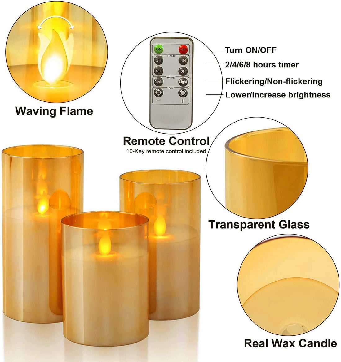 Acrylic Glass Battery Operated Flameless Led Candles With Remote (Pack of  3, Gold)