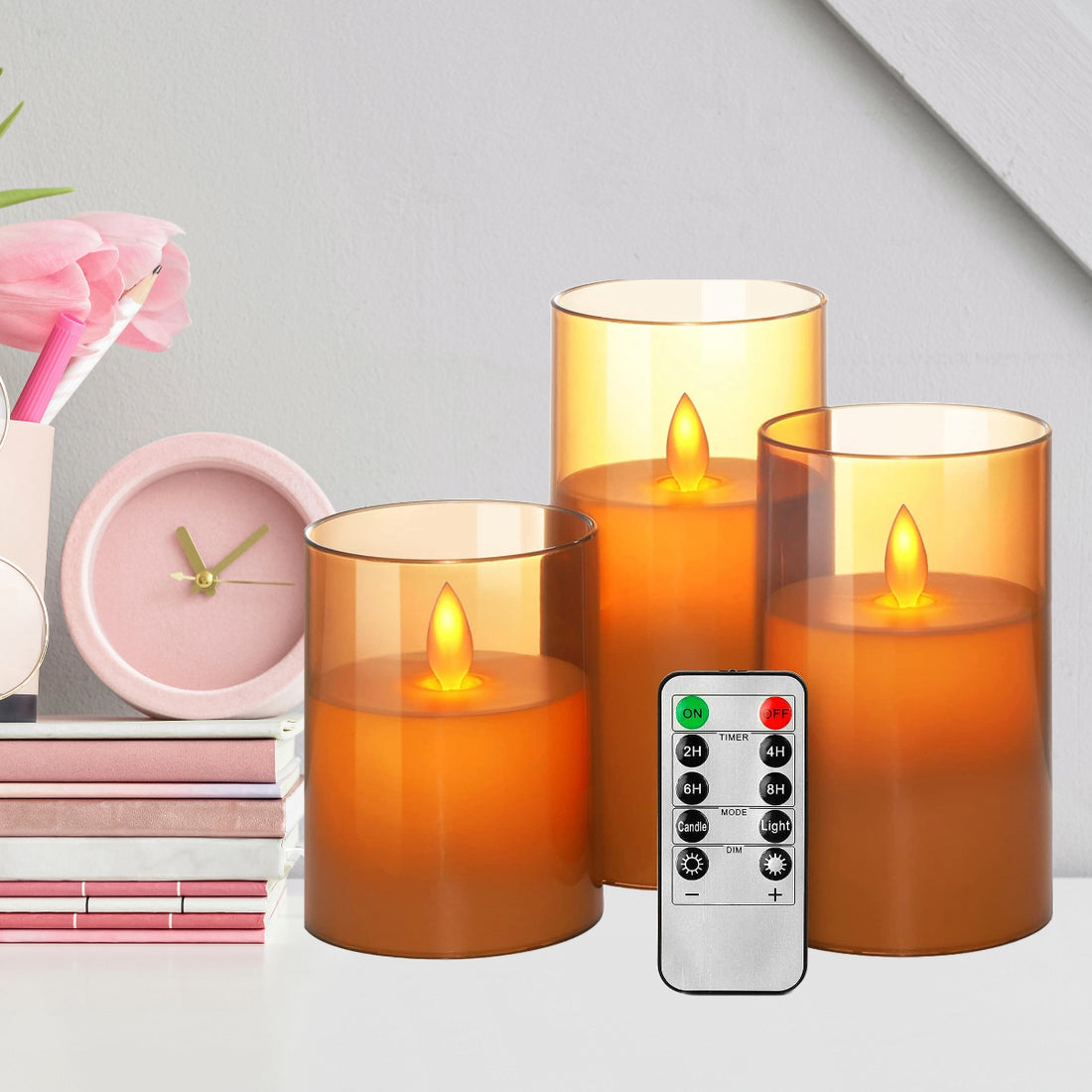Acrylic Glass Battery Operated Flameless Led Candles With Remote (Pack of  3, Gold)