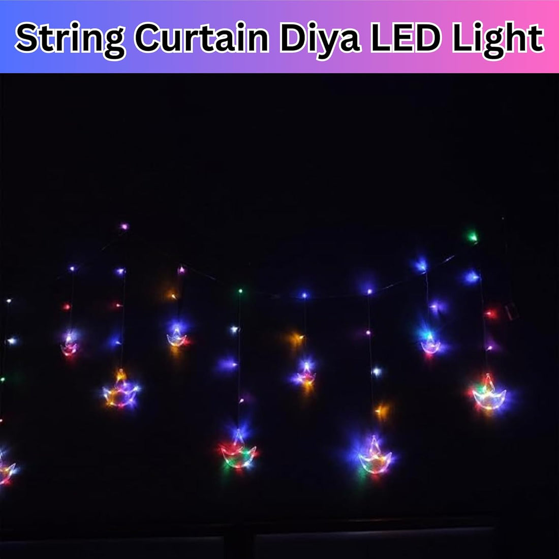12 Pcs Hanging Diyas String Curtain Light 2.6 Mtr - Multicolor