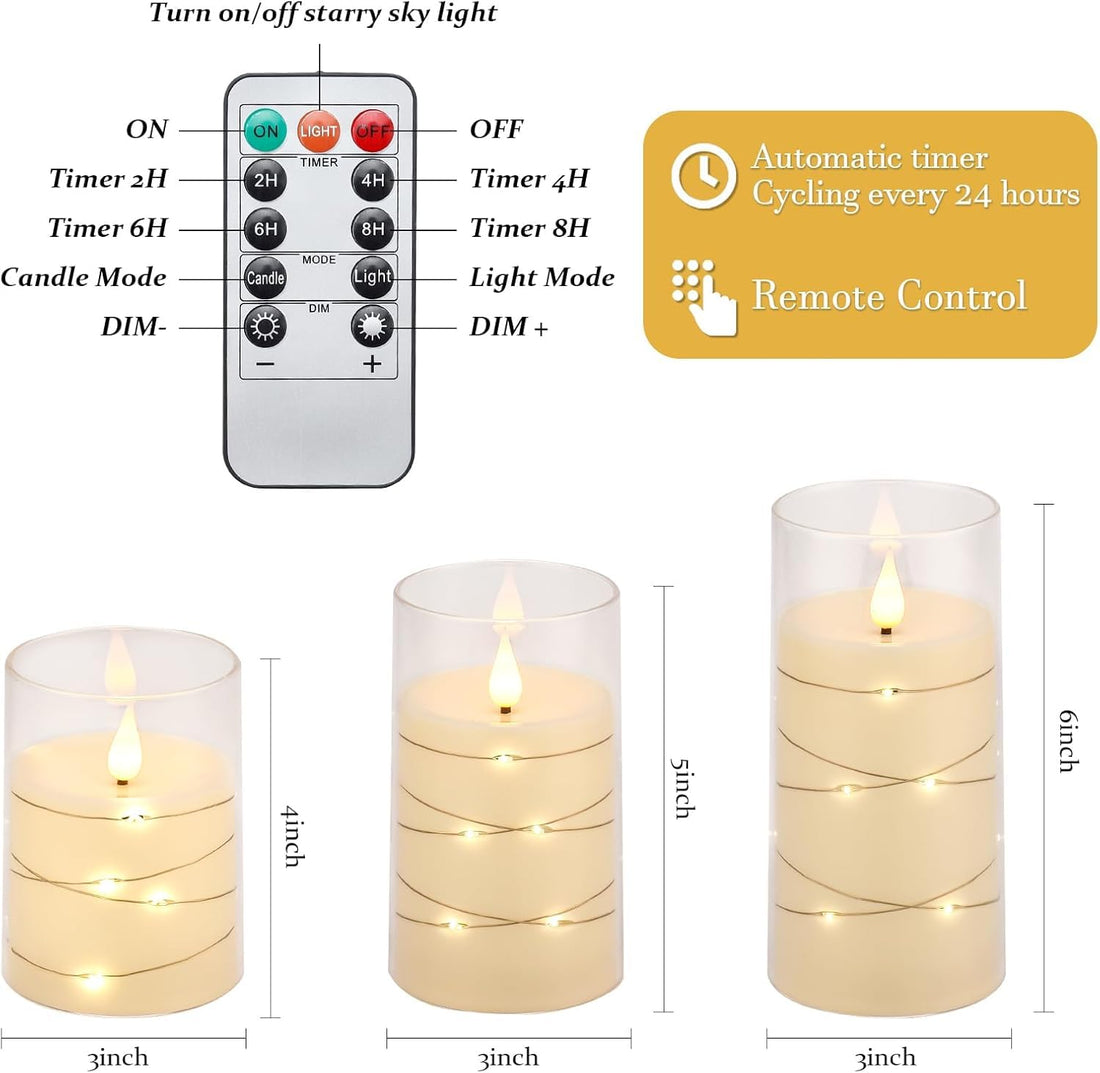 Acrylic Glass Battery Operated Flameless Led Candles With Remote (Pack of 3)- Warm White