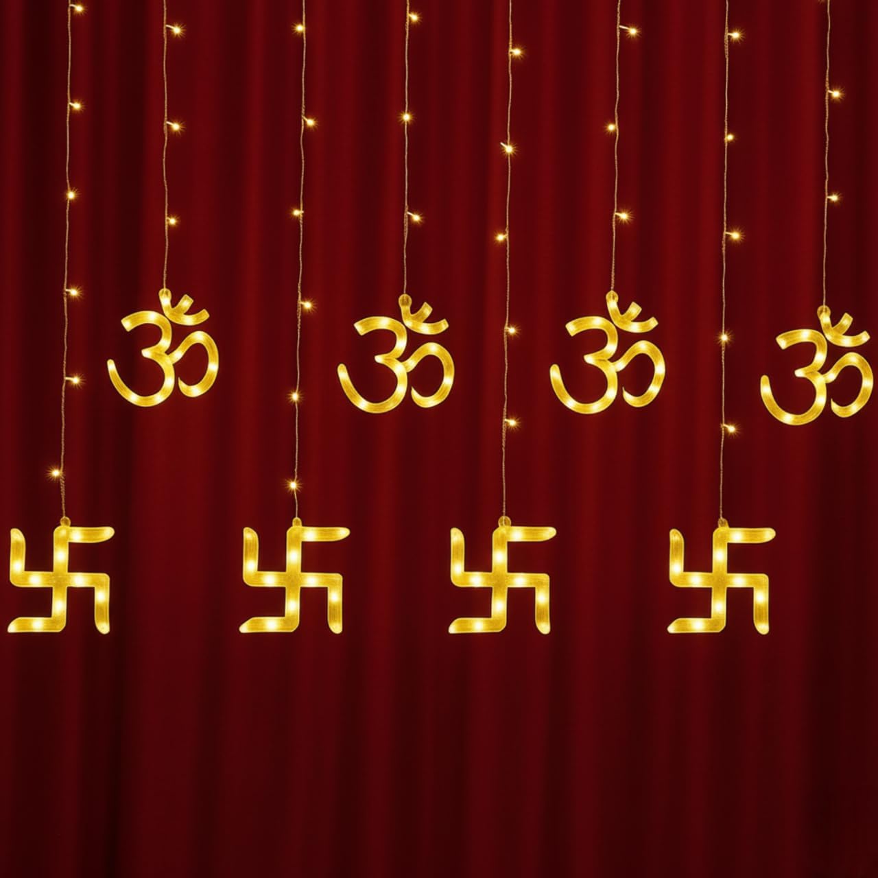 6 Swastik,6 Om LED Curtain String Lights - 2 Mtr ( Warm White )