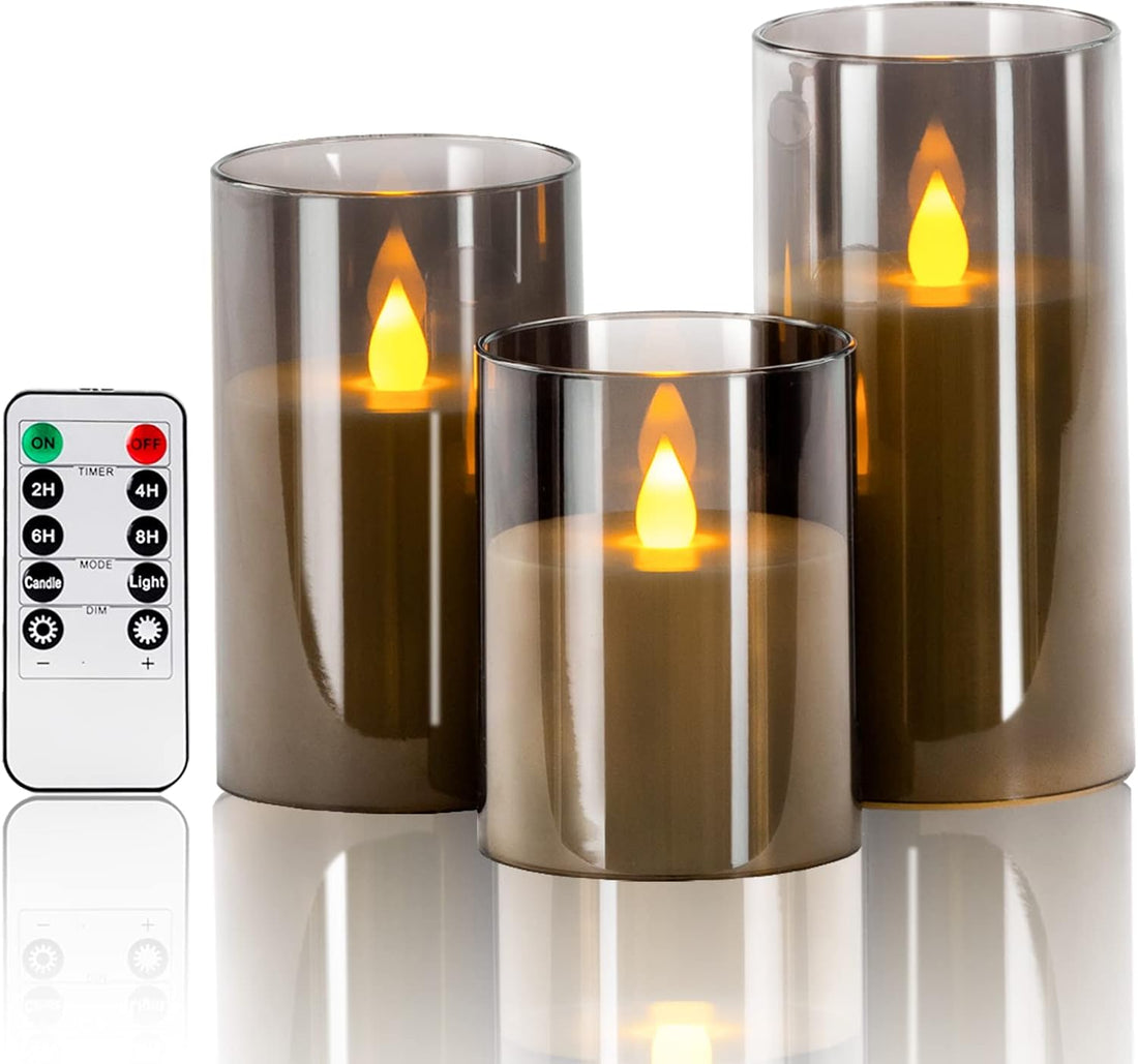 Acrylic Glass Battery Operated Flameless Led Candles With Remote ( Gray-3pc set )