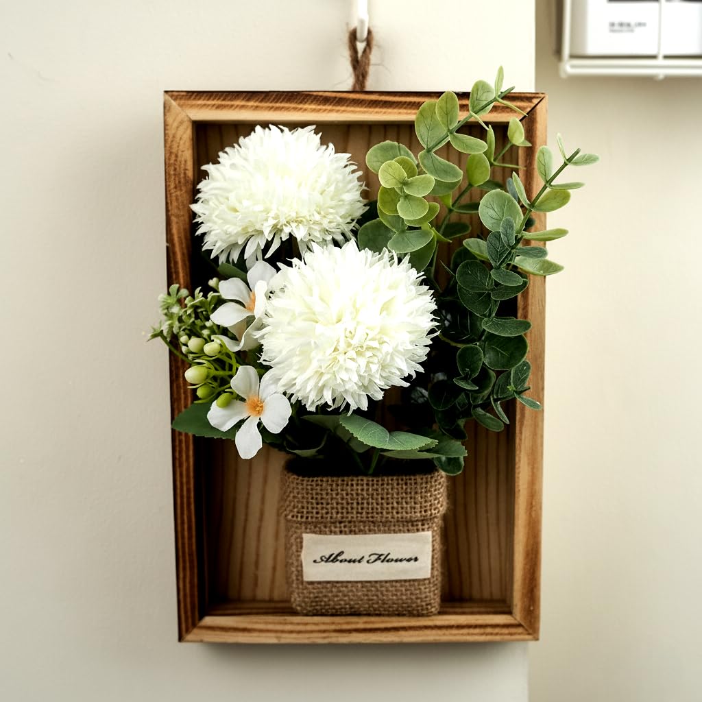 Artificial Chrysanths Wall Hanging Flower Frame - White