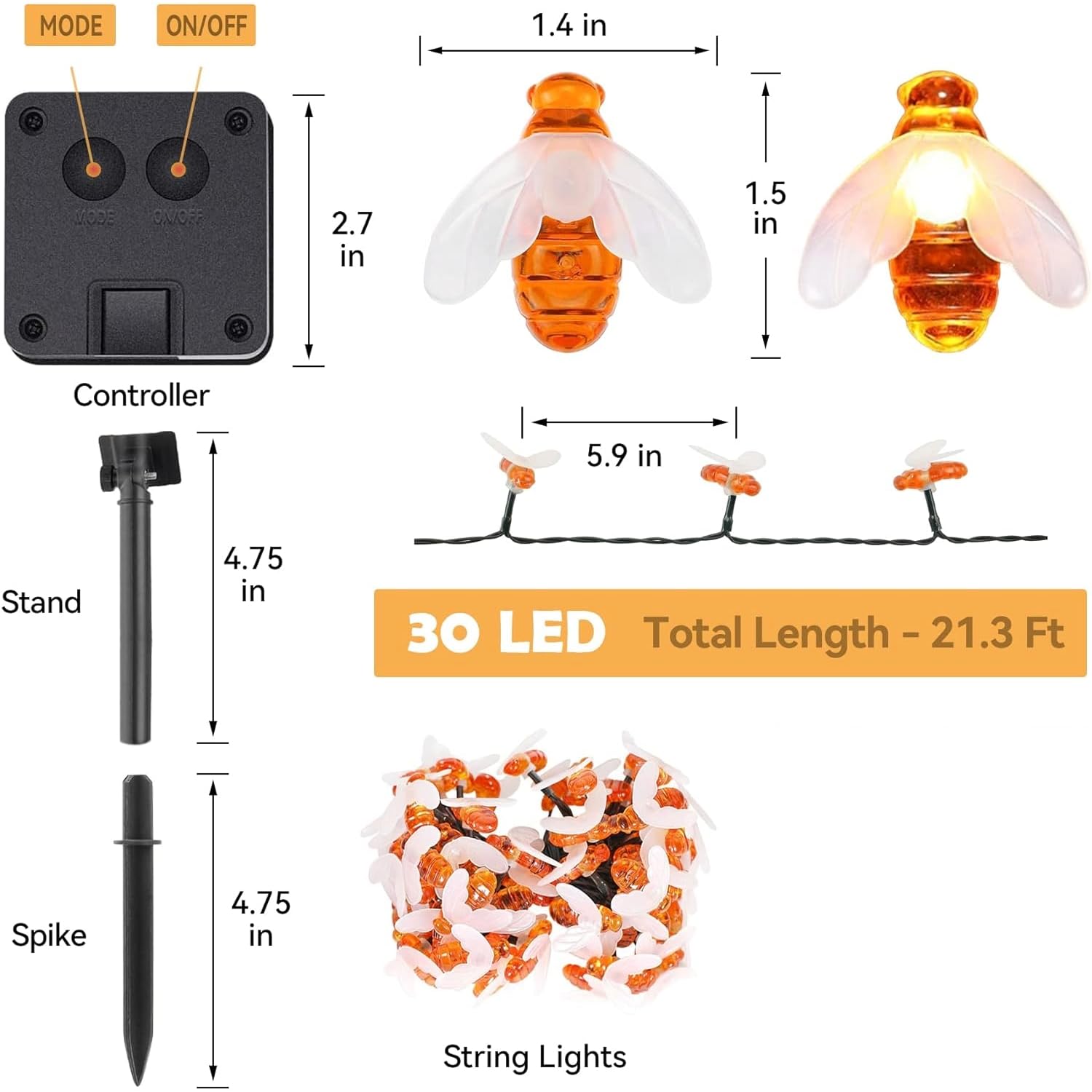 30 LED, 6.5m Solar Powered Cute Bee Design Fairy Lights (Warm White)