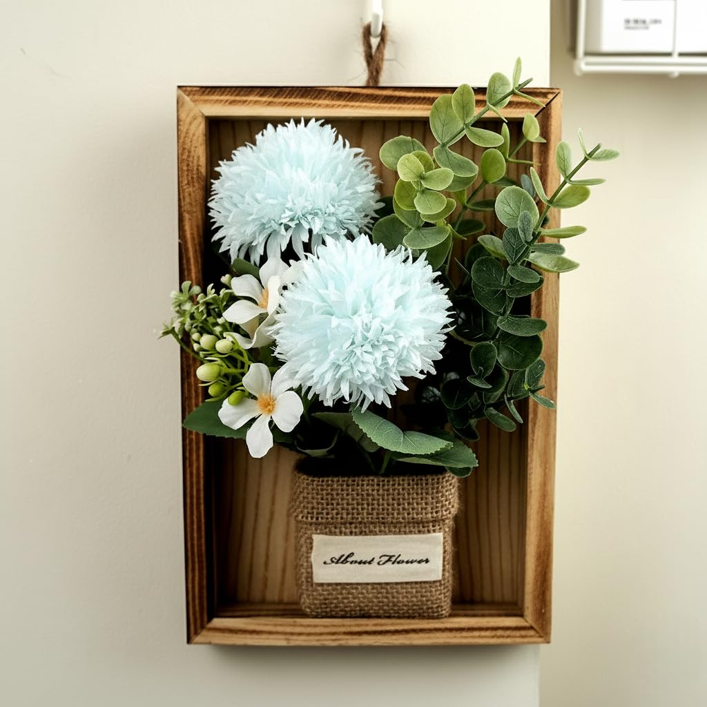 Artificial Chrysanths Wall Hanging Flower Frame - Light Blue