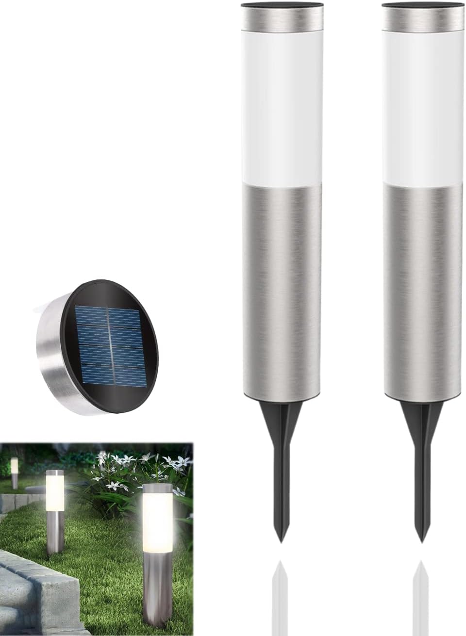 Solar Powered Path Bollard Lights ( Pack of 2, Silver )