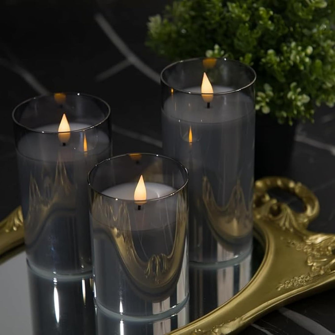Acrylic Glass Battery Operated Flameless Led Candles With Remote ( Gray-3pc set )