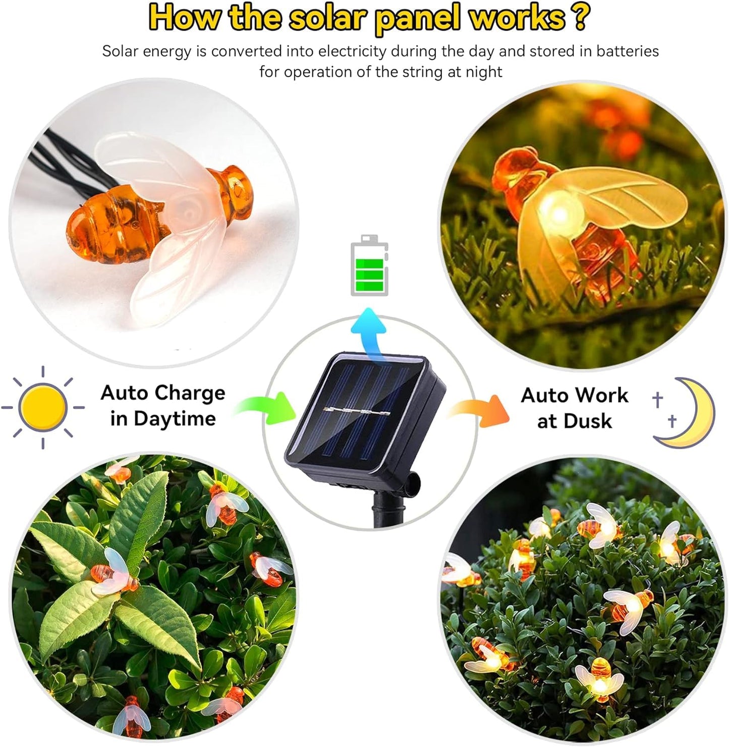 30 LED, 6.5m Solar Powered Cute Bee Design Fairy Lights (Warm White)