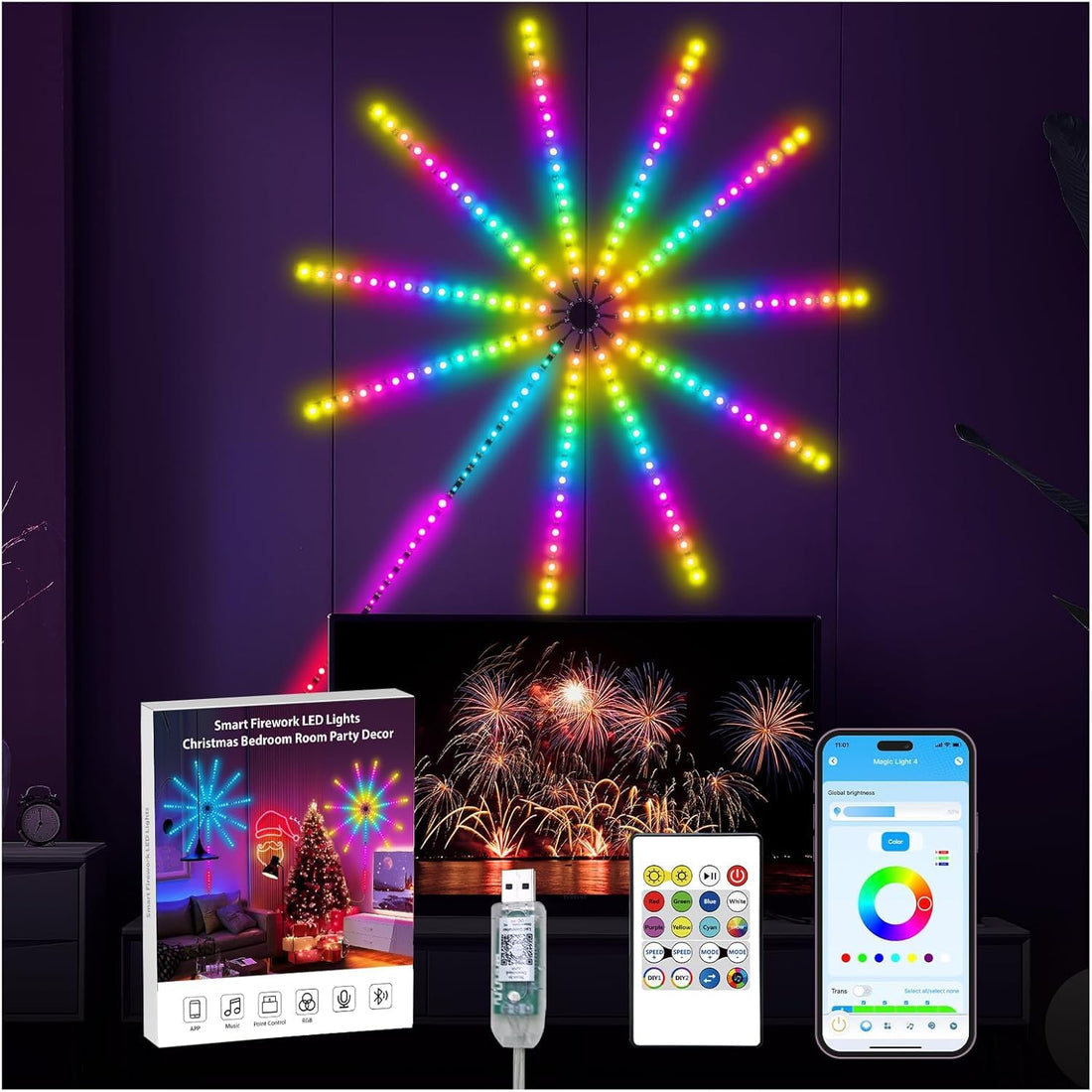 Firework Dynamic Scenes and App Music Sync,DIY Led Lights - Multicolor