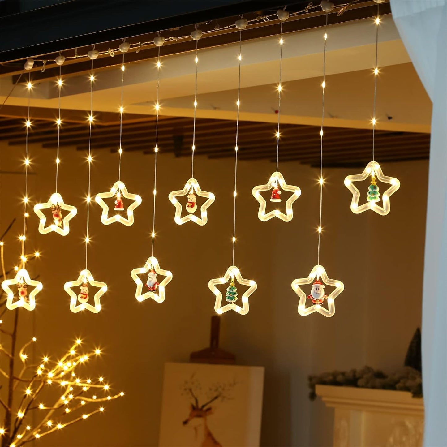 10 Star Shape Curtain Lights - 3 Mtr - Warm White