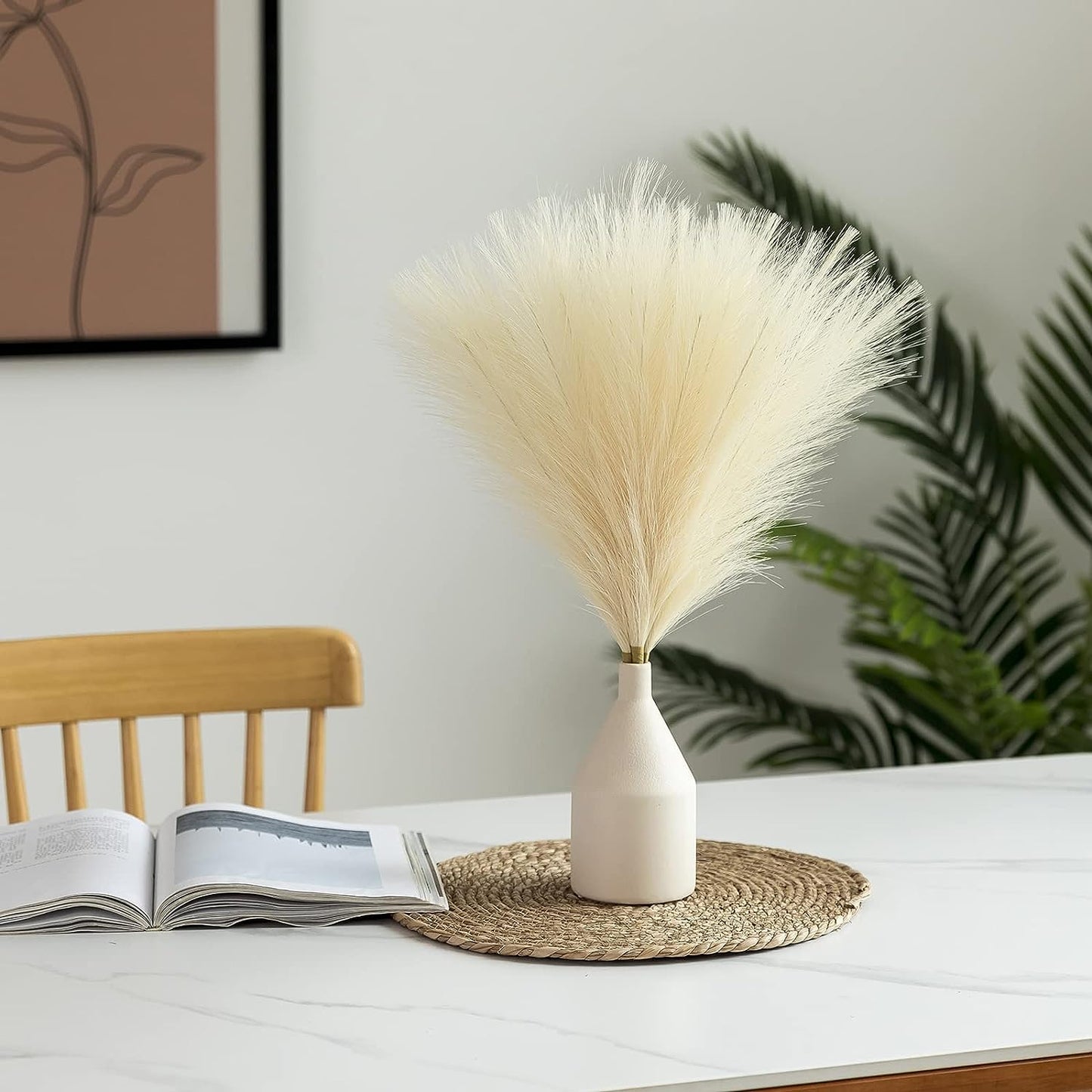 Fluffy Artificial Pampas Grass Flower -Dusty White (45 cm, Pack of 3, Flower Bunch)