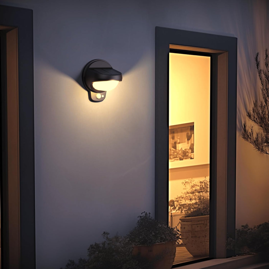 Modern Black Outdoor Solar Wall Light With Motion Sensor ( Oval )