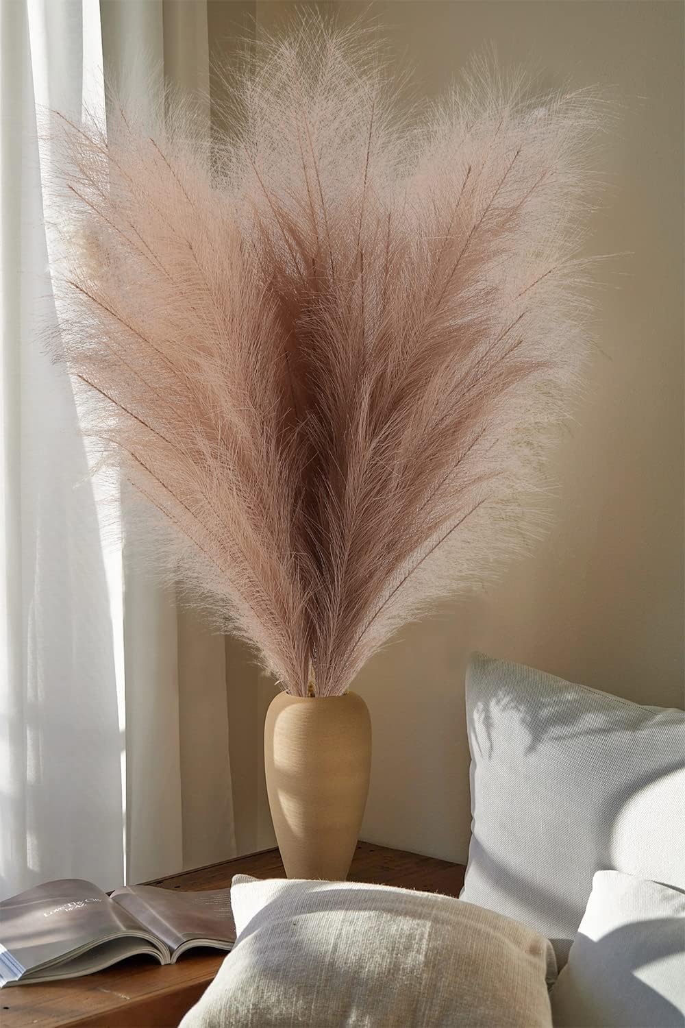 Fluffy Artificial Pampas Grass Flower - Brown (17 inch , Pack of 3, Flower Bunch)