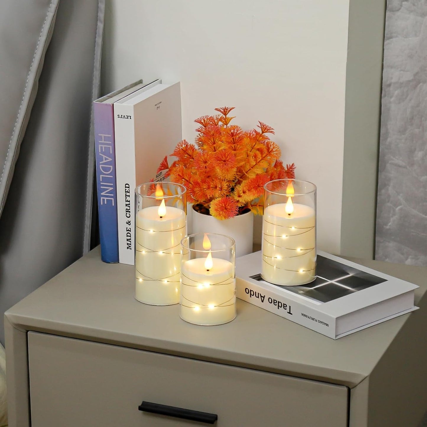 Acrylic Glass Battery Operated Flameless Led Candles With Remote (Pack of 3)- Warm White