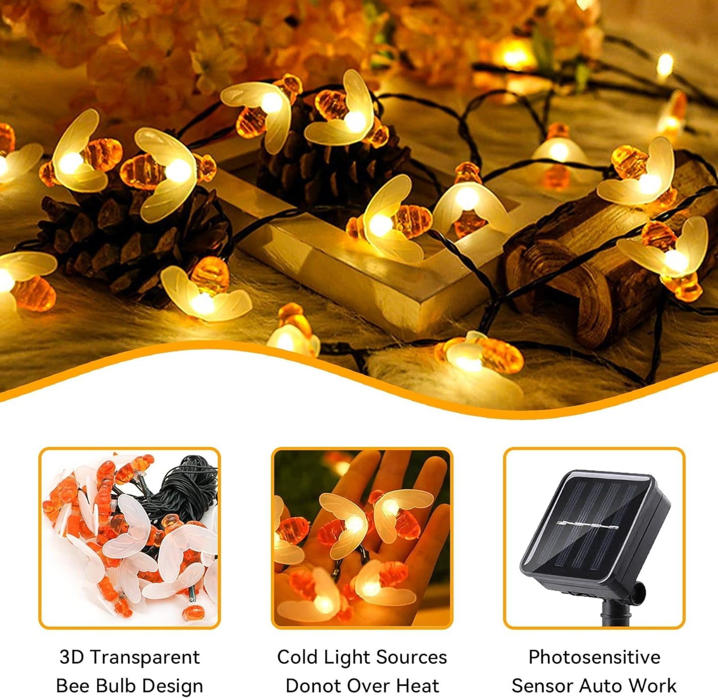 30 LED, 6.5m Solar Powered Cute Bee Design Fairy Lights (Warm White)