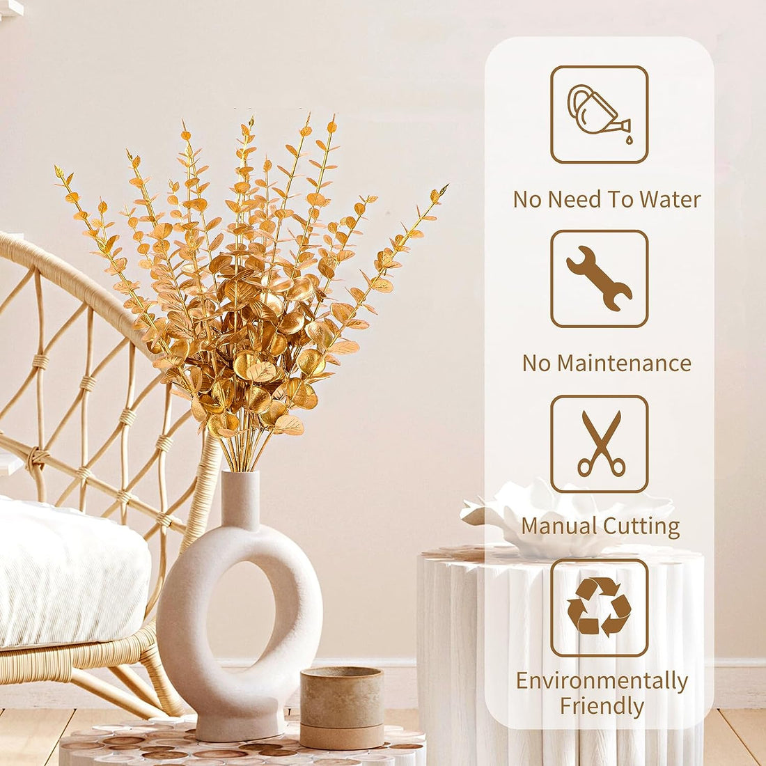 Artificial Golden Eucalyptus Leaves For Decoration (31.2 inch, Pack of 3, Flower Bunch)