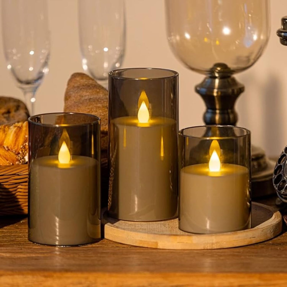 Acrylic Glass Battery Operated Flameless Led Candles With Remote ( Gray-3pc set )