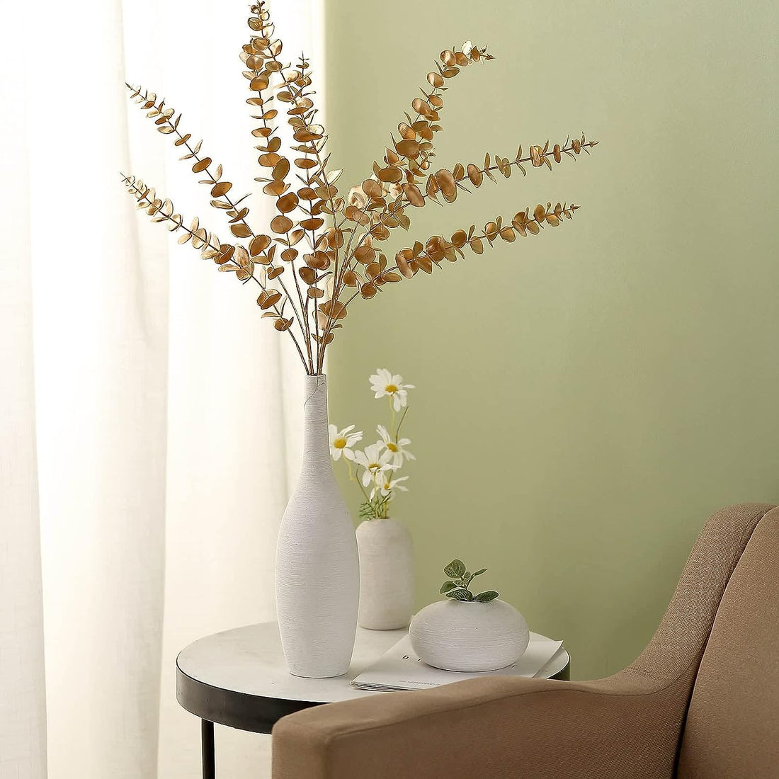 Artificial Golden Eucalyptus Leaves For Decoration (31.2 inch, Pack of 3, Flower Bunch)