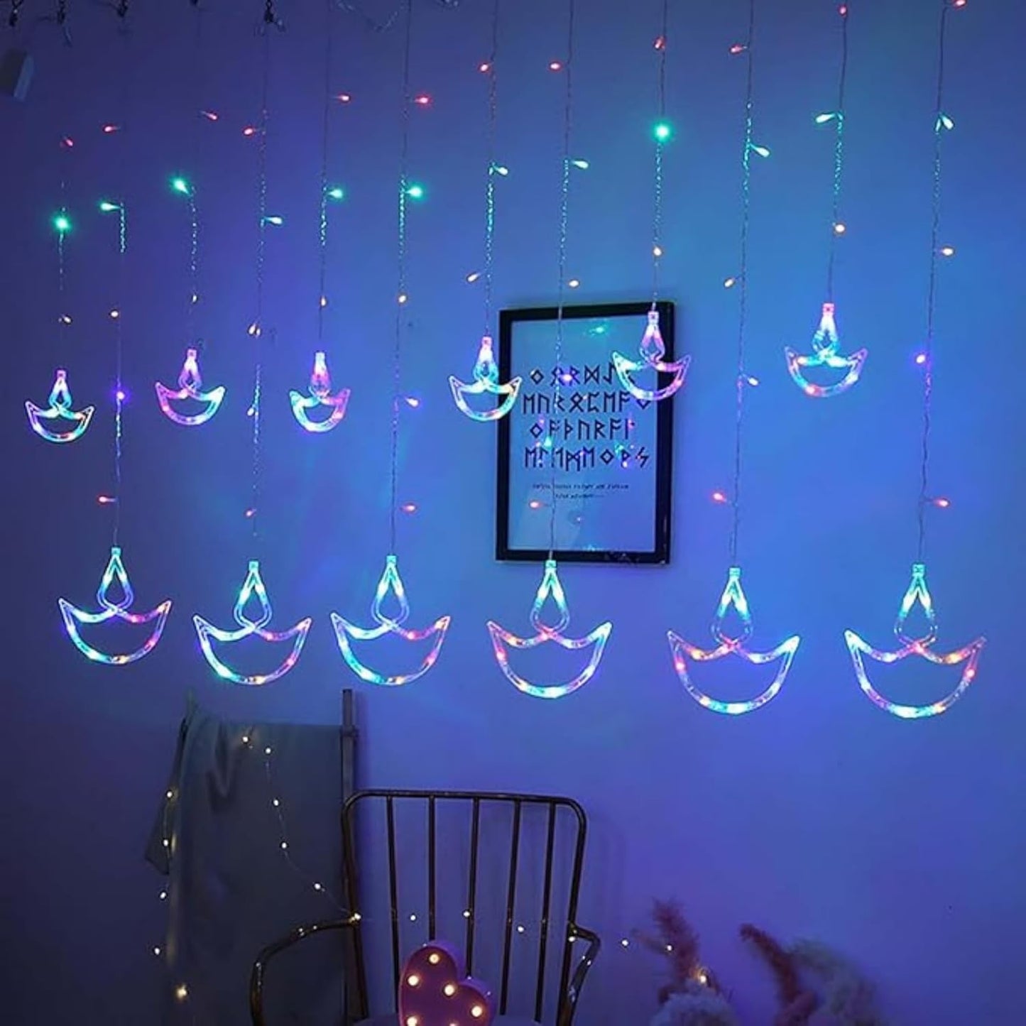 12 Pcs Hanging Diyas String Curtain Light 2.6 Mtr - Multicolor