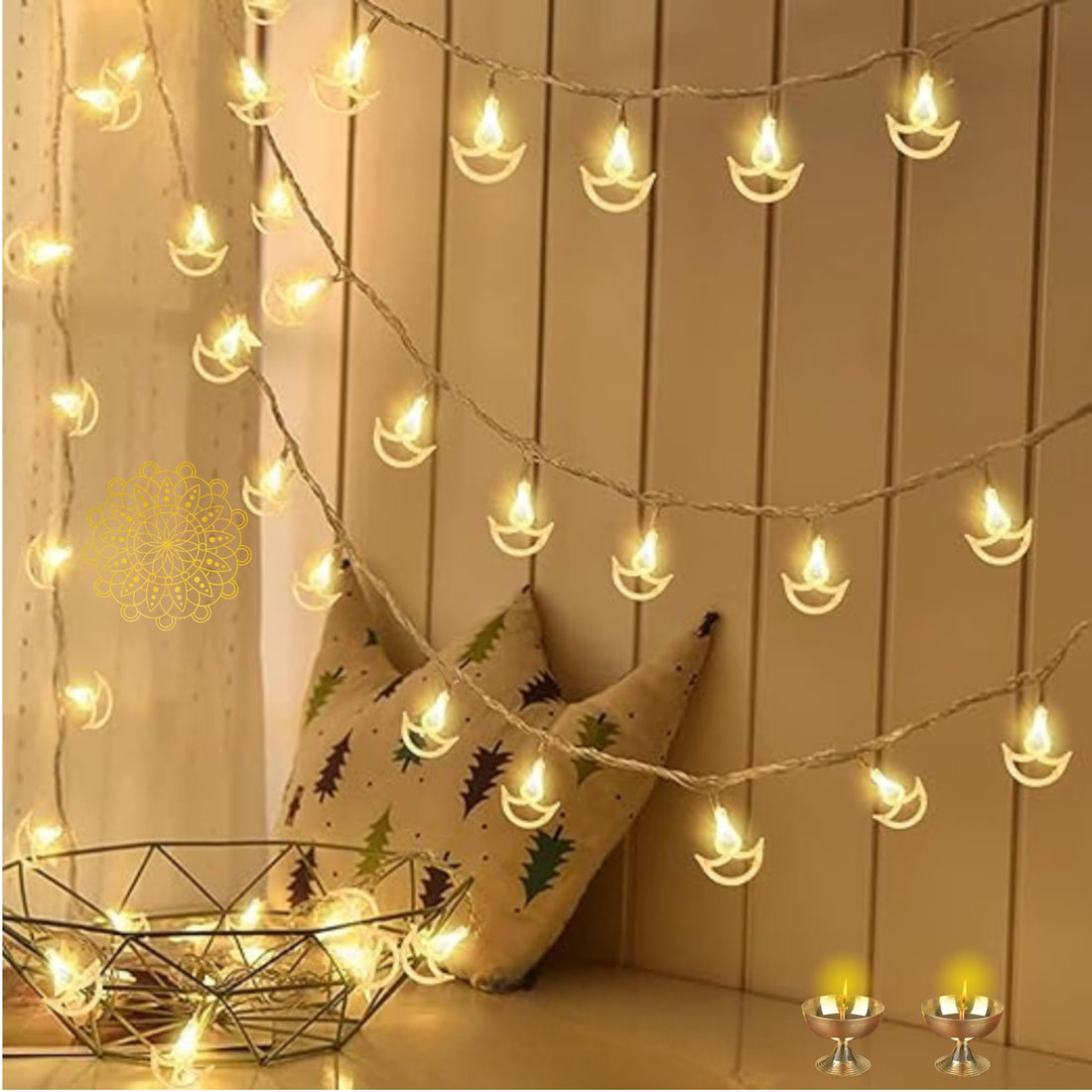 14 Hanging Diyas (3.5m), Fairy String Lights (Warm White)