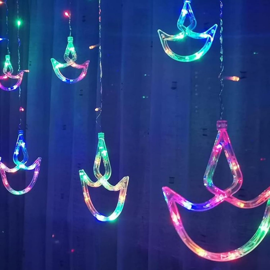 12 Pcs Hanging Diyas String Curtain Light 2.6 Mtr - Multicolor