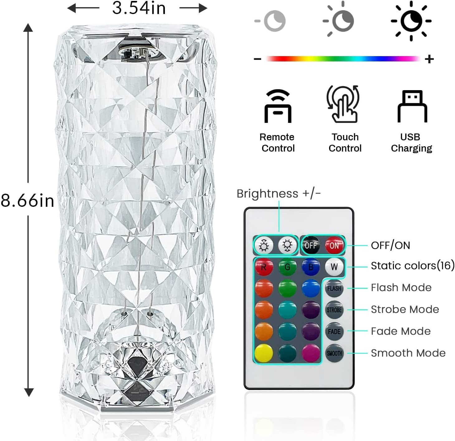Crystal Table Lamp 16 Color Changing With Remote (8.6 inch )