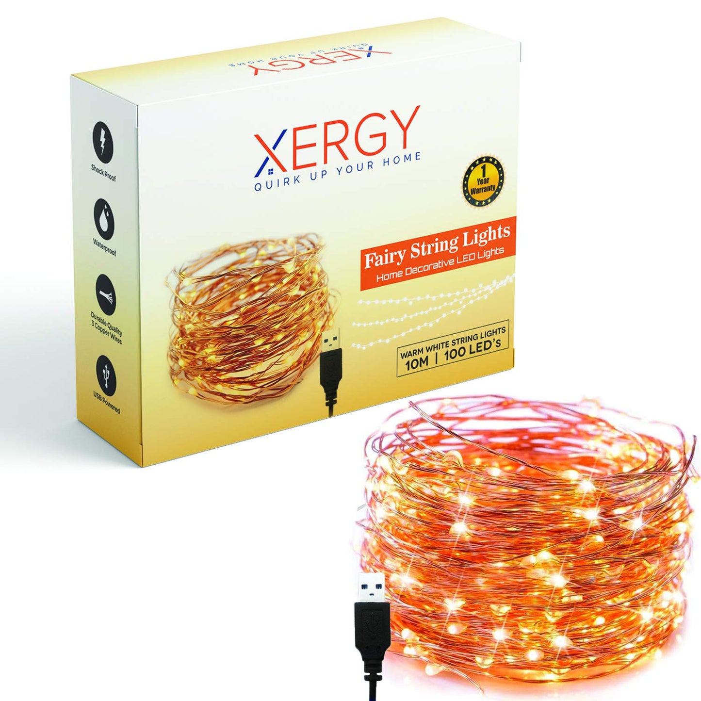 USB Powered 100 LED's Fairy String Light - 10m ( Warm White)