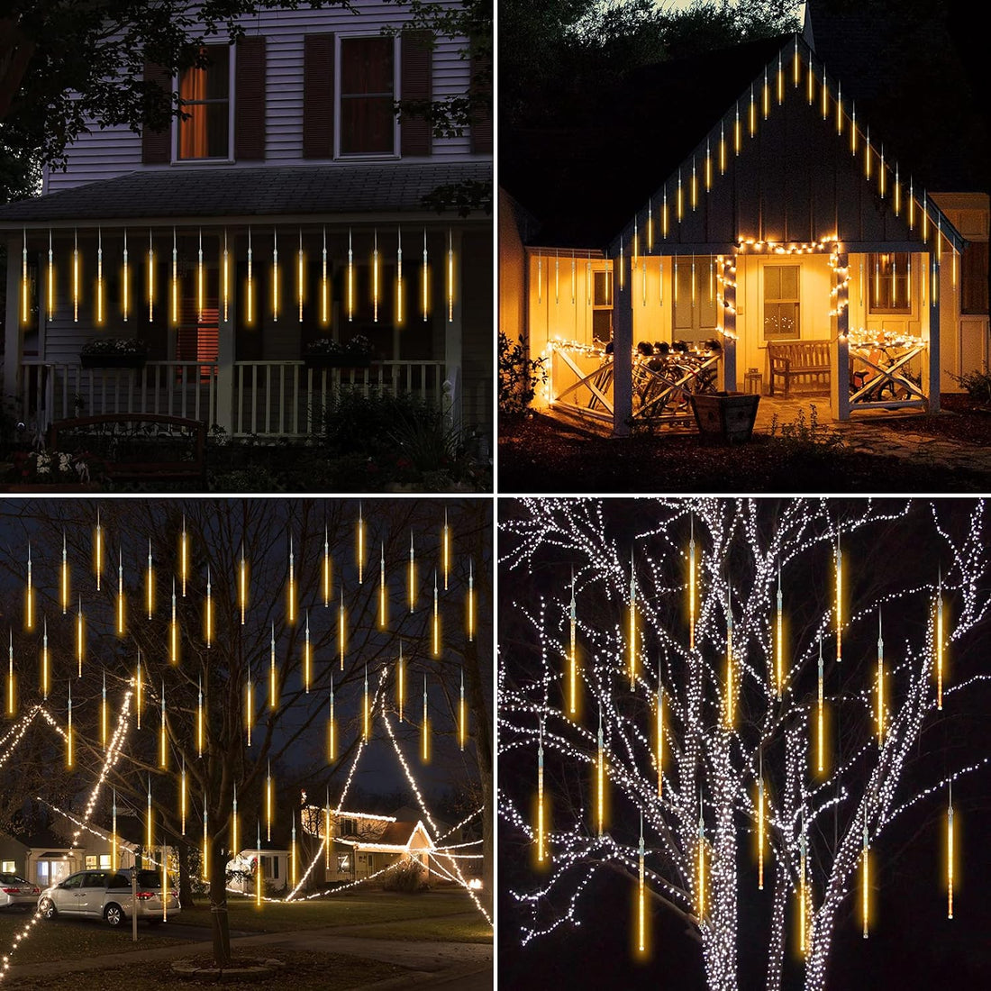 Solar Powered - 192 LED 12 inch 8 Tubes Meteor Lights - Warm White