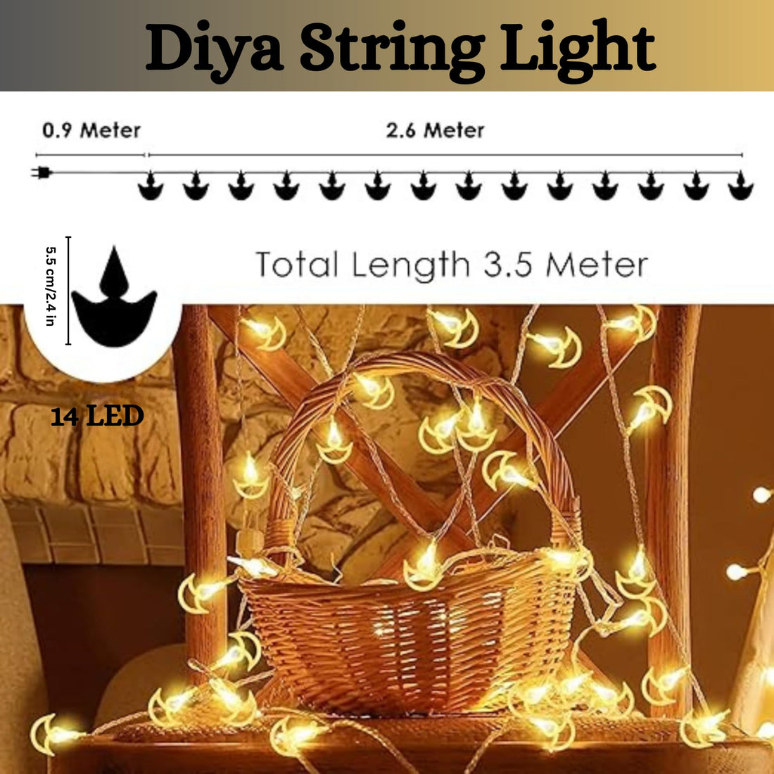 14 Hanging Diyas (3.5m), Fairy String Lights (Warm White)