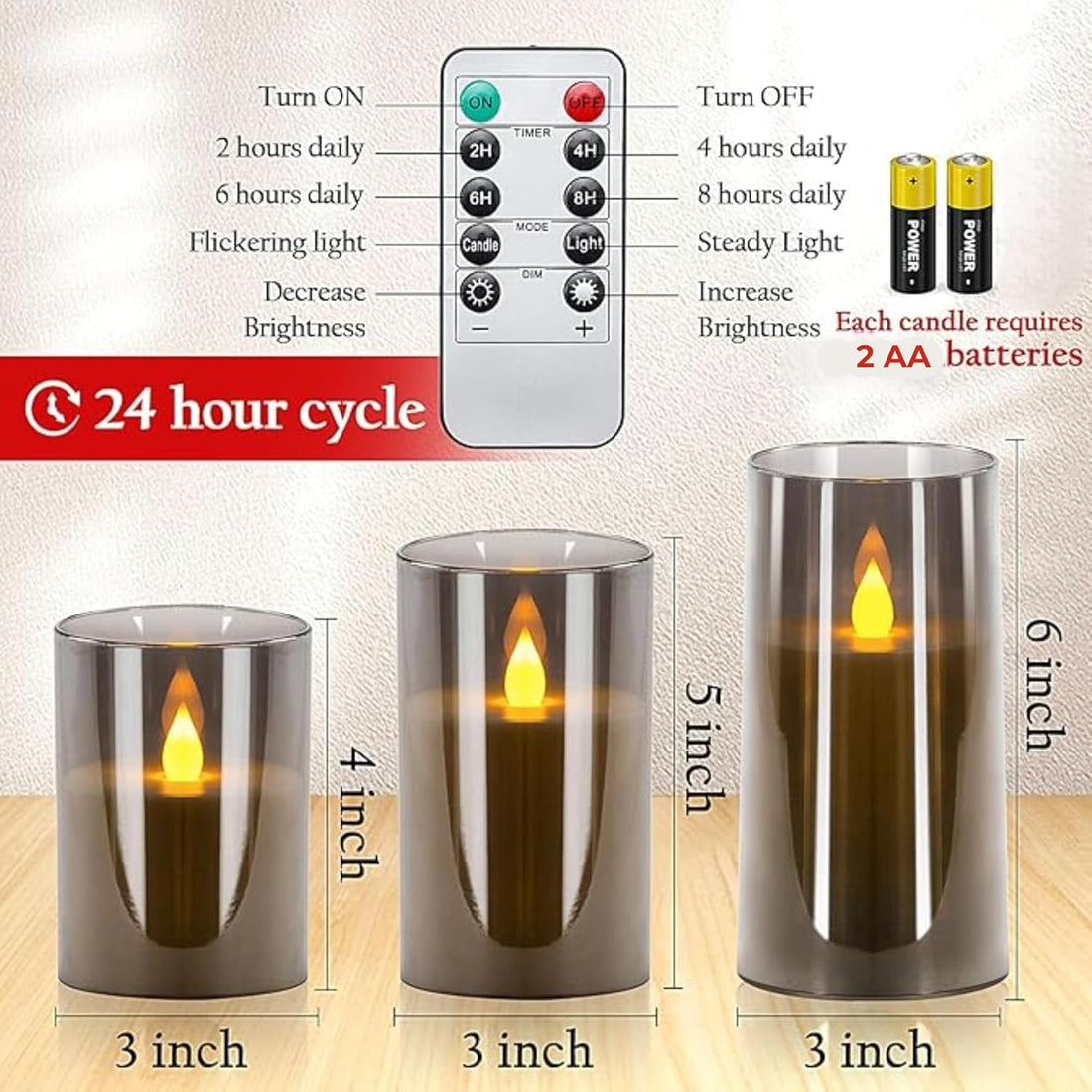 Acrylic Glass Battery Operated Flameless Led Candles With Remote ( Gray-3pc set )