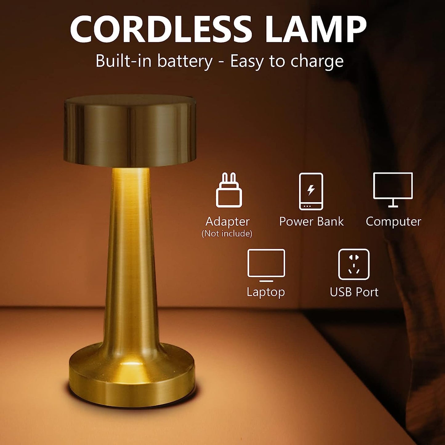 Xergy Cordless Portable LED Table Lamp with Touch ,3 Colors Stepless Dimming , 800MAH Rechargeable Battery Operated , Restaurant,Night Light for Kids Nursery,Nightstand (Gold)