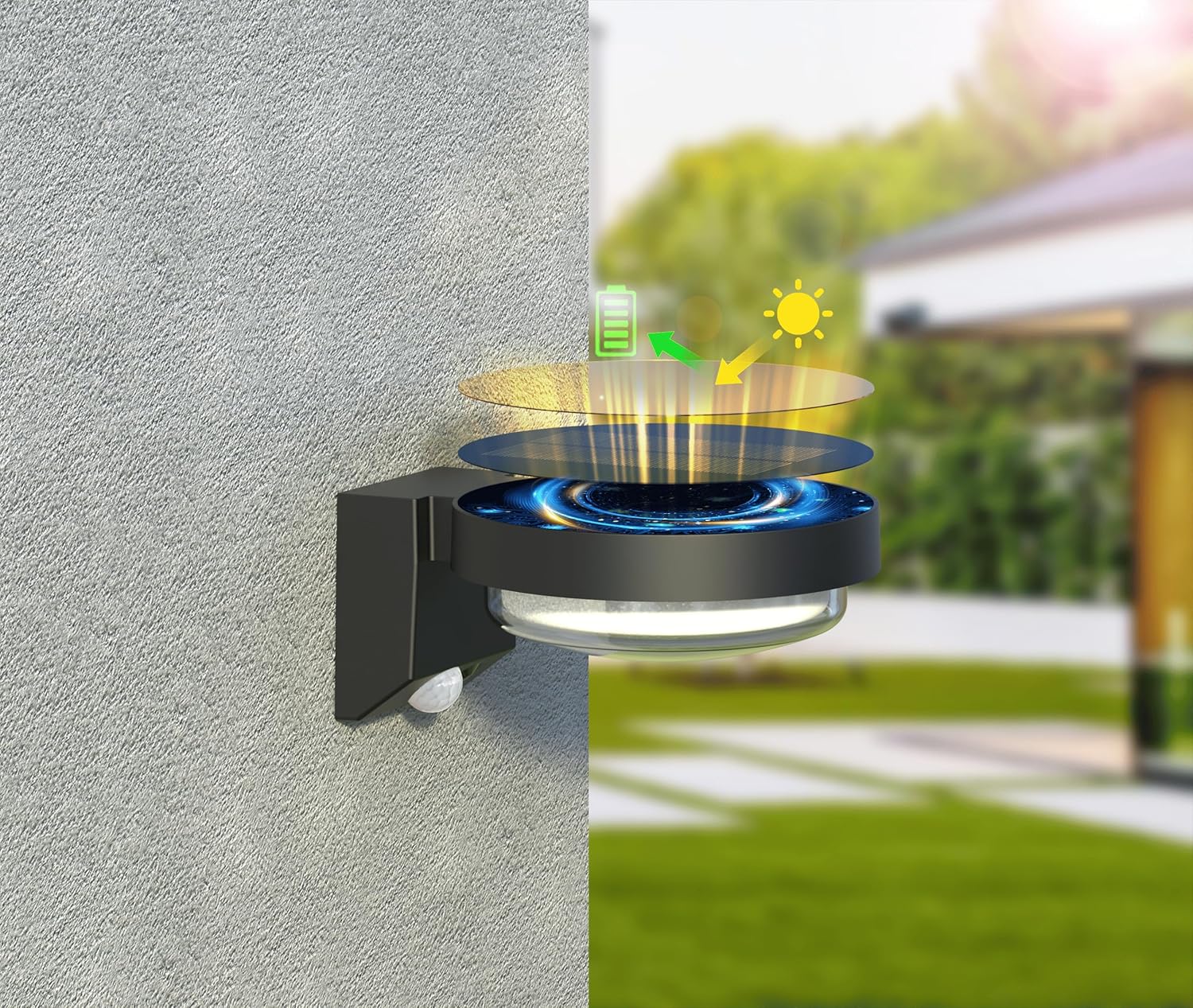 Modern Black Outdoor Solar Wall Light with Motion Sensor ( Round )