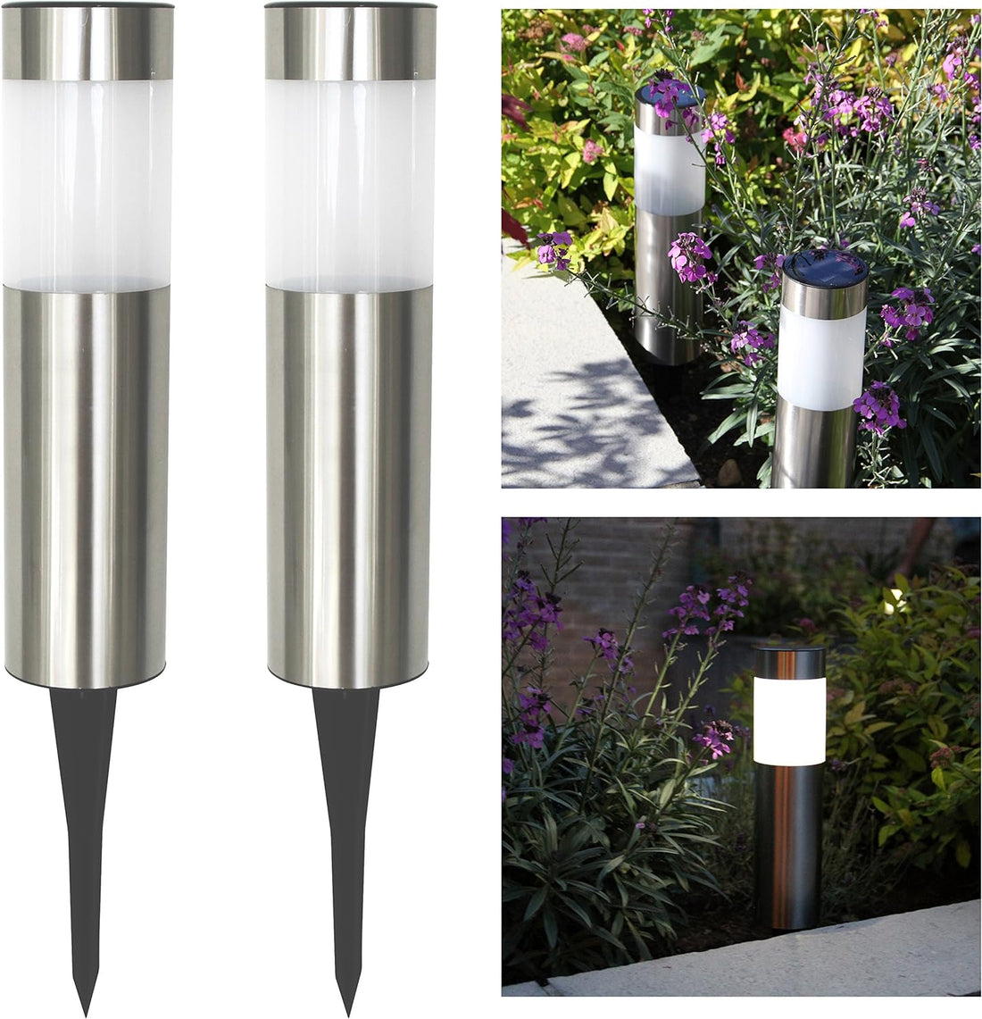 Solar Powered Path Bollard Lights ( Pack of 2, Silver )