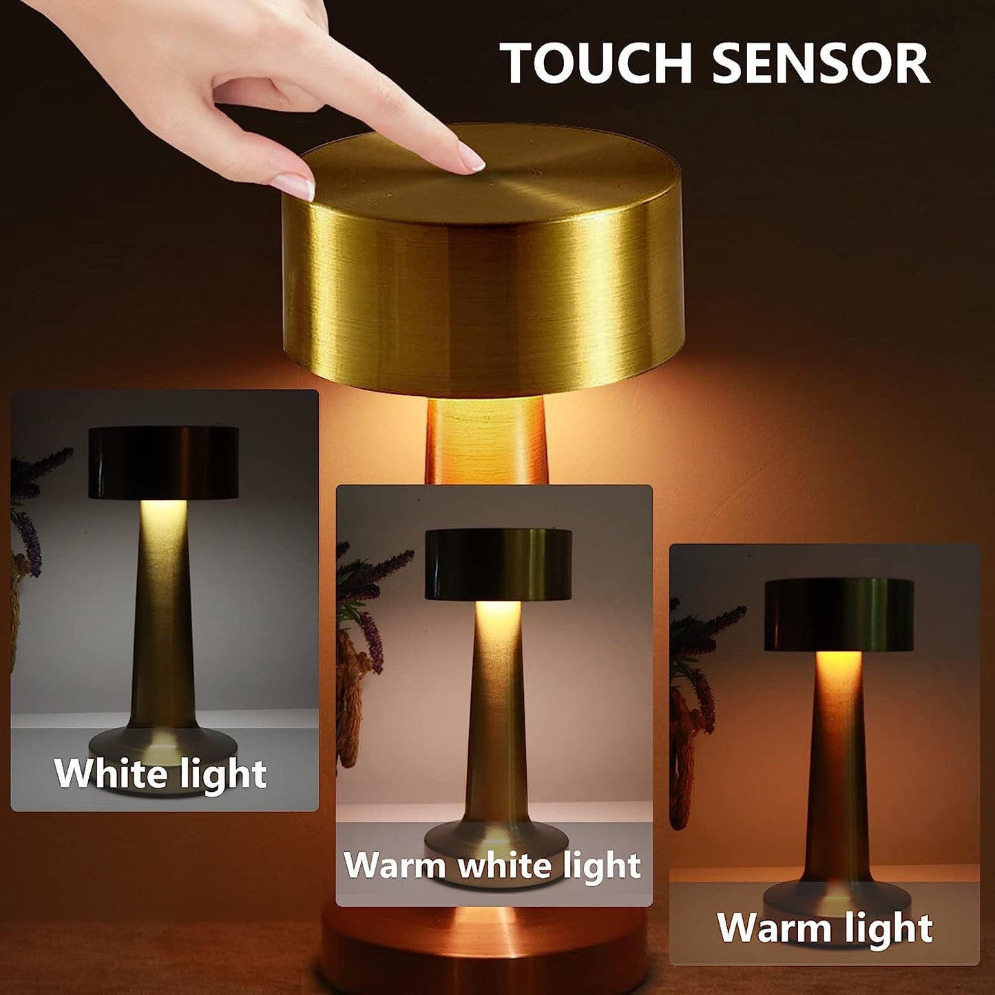 Xergy Cordless Portable LED Table Lamp with Touch ,3 Colors Stepless Dimming , 800MAH Rechargeable Battery Operated , Restaurant,Night Light for Kids Nursery,Nightstand (Gold)