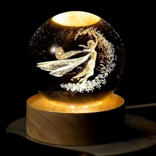 3D Galaxy Crystal Ball Night Light With Wooden Base ( Princess Elsa )