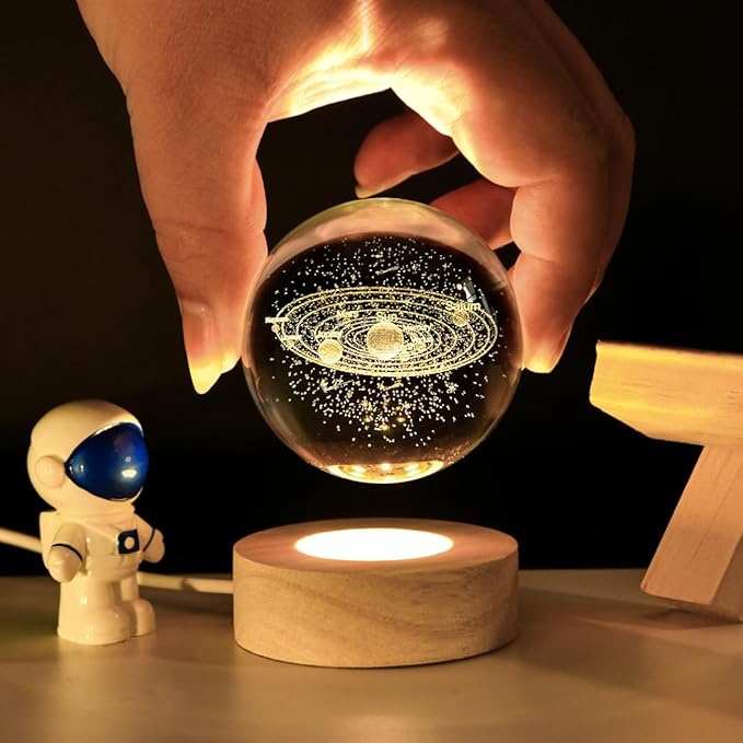 3D Galaxy Crystal Ball Night Light With Wooden Base ( Solar System )