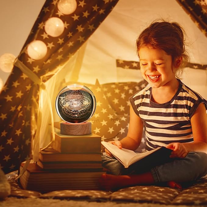 3D Galaxy Crystal Ball Night Light With Wooden Base ( Solar System )